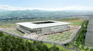 Die Beheizung von Rasen und Betriebsräumen des neuen SC Stadions erfolgt künftig mit industrieller Abwärme - gesteuert durch ein intelligentes Lastmanagement von Mondas (Visualisierung Stadion SC Freiburg: HPP Architekten / Köster)